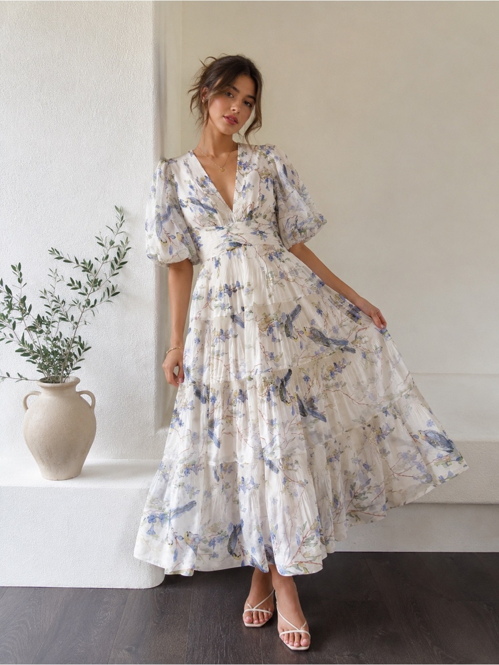 Zimmermann Natura Pleated Floral Midi Dress Blue Bird Print – Size 0 (US 4) New